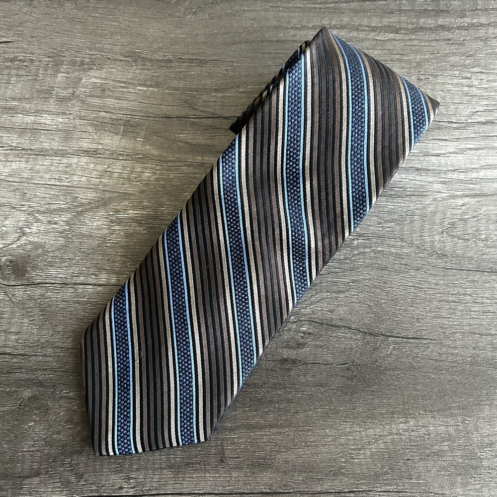 Pronto Uomo Men‎ Business Professional Necktie OS Brown Blue Striped Silk Tie
